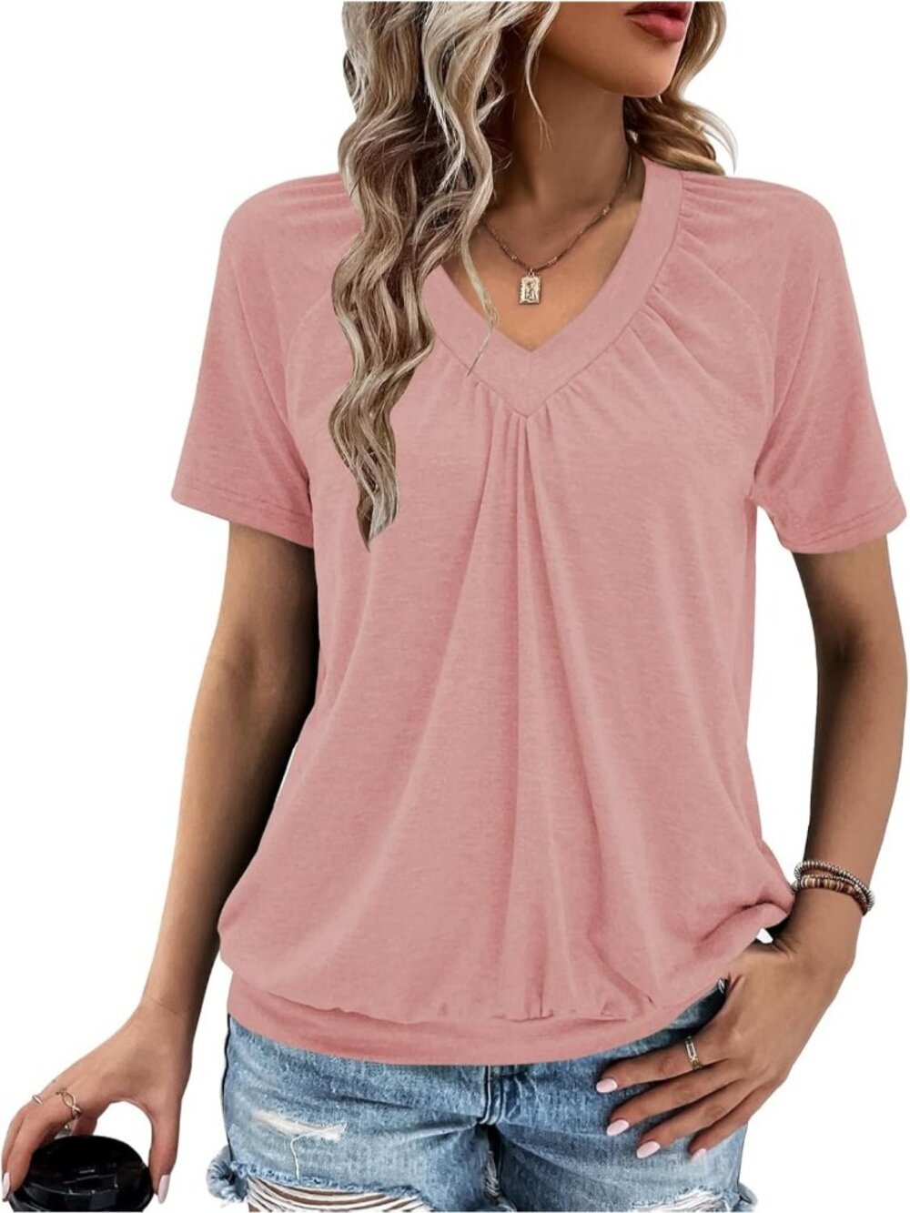 Women's Deep Pink V Neck Short Sleeve Ruched Soft Summer Casual Loose Fit Tops